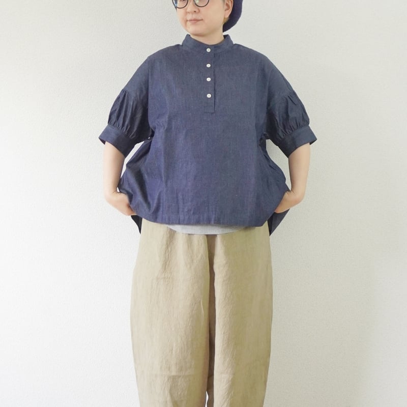レディース＊Linenya-リネンヤ-4.5ozデニム 半袖スタンドカラー