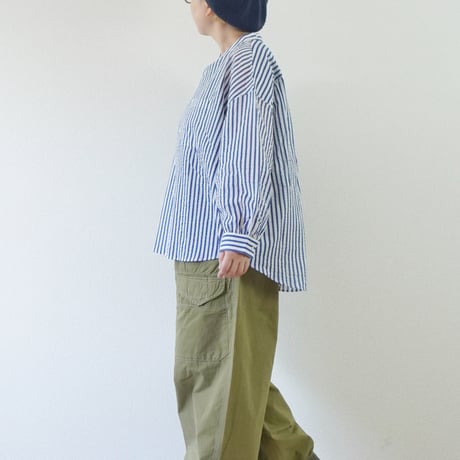 ＊レディース＊Linen ya-リネンヤ-コットンシアサッカー バンドカラーブラウス/ブルーストライプ
