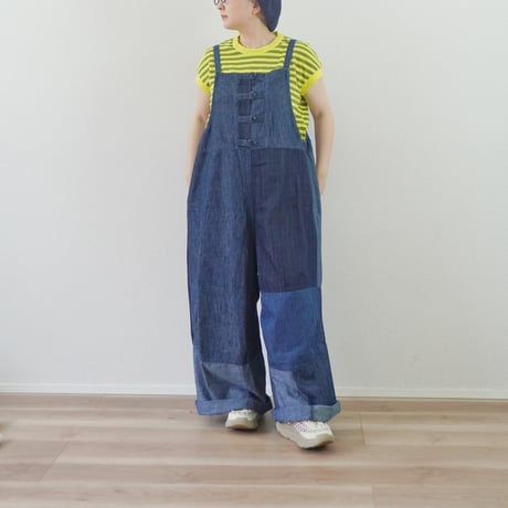 ＊ASCOT by yim-アスコット バイ イム-6ozデニムパッチワーク フレンチワークサロペット
