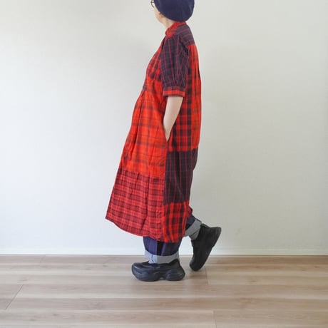 ＊レディース＊TIGRE BROCANTE-ティグルブロカンテ-マドラスチェックミックス プルオーバータックワンピース