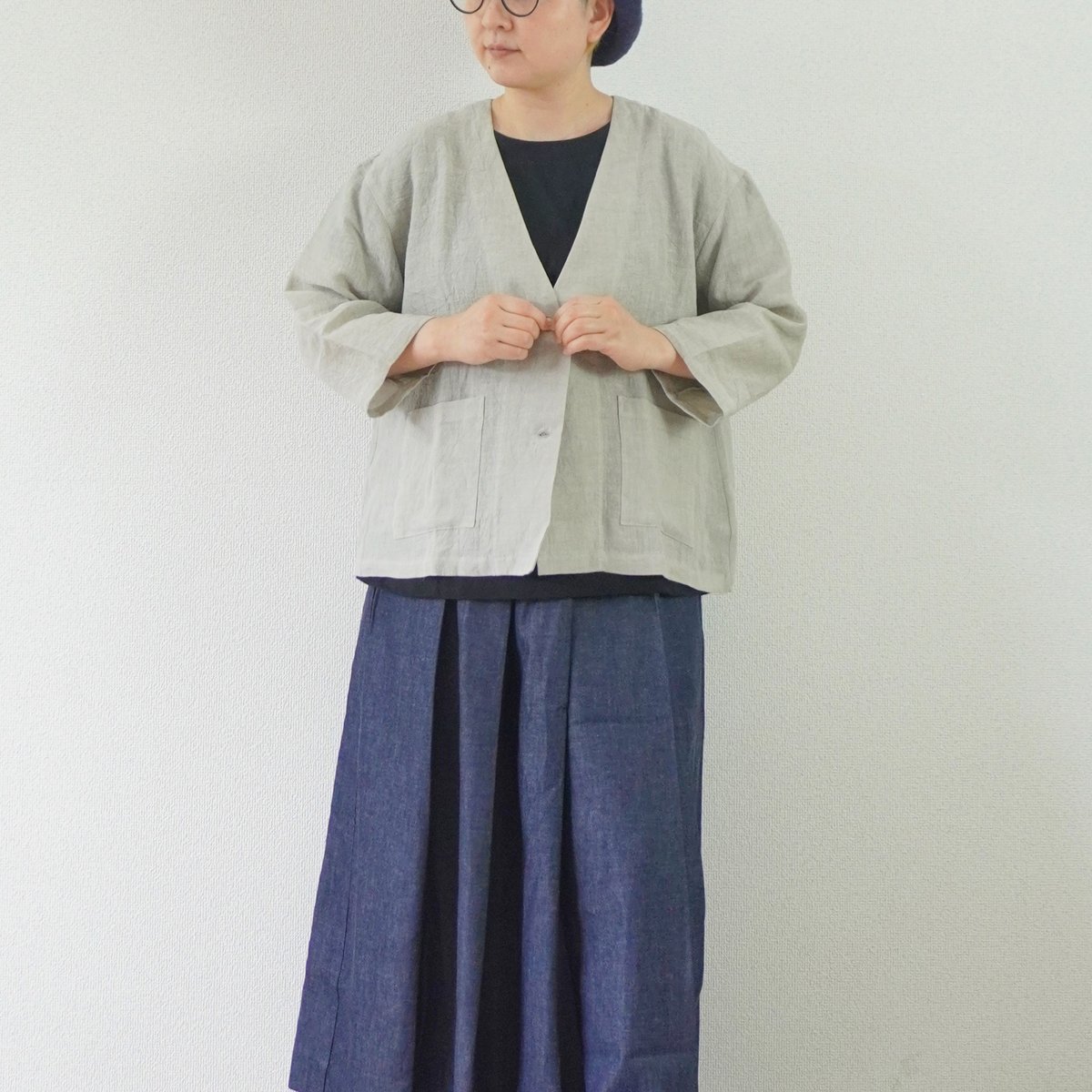 linenya リネンヤ リネン 麻 ノーカラー ジャケット 羽織り 7分袖 3色＊レディース＊Linenya-リネンヤ-遠州織リネン 7分袖ノーカラー