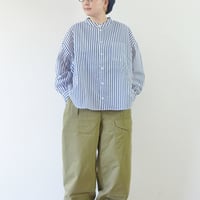 ＊レディース＊Linen ya-リネンヤ-コットンシアサッカー バンドカラーブラウス/ブルーストライプ