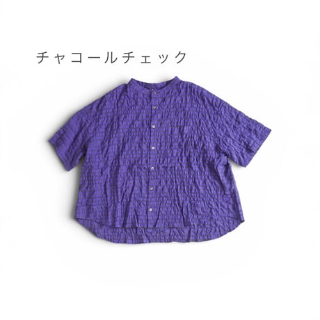 2色＊レディース＊Linenya-リネンヤ-シャーリング  バンドカラー半袖シャツ