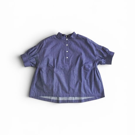 ＊レディース＊Linenya-リネンヤ-4.5ozデニム 半袖スタンドカラーブラウス/インディゴ