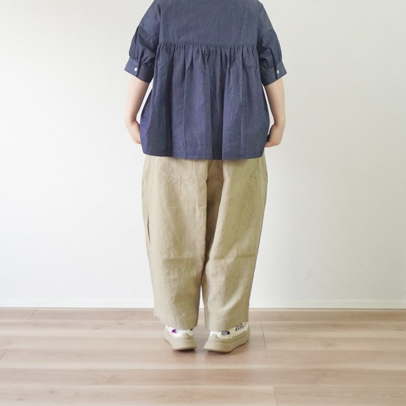 3色＊レディース＊Linen ya-リネンヤ-リネン 8分丈 ヨークワイドパンツ