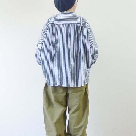 ＊レディース＊Linen ya-リネンヤ-コットンシアサッカー バンドカラーブラウス/ブルーストライプ