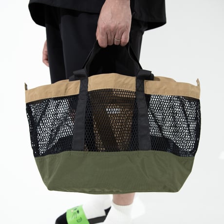 R/V ウォッシャブルメッシュ4wayトート【BROWNxGRAY(OLIVE)】