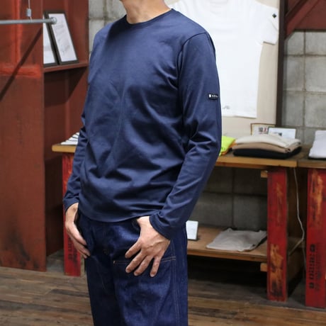 【筒井繊維研究所】 HOFI-023RT オーガニック超長綿 タック襟長袖Ｔシャツ：撚り杢インディゴ