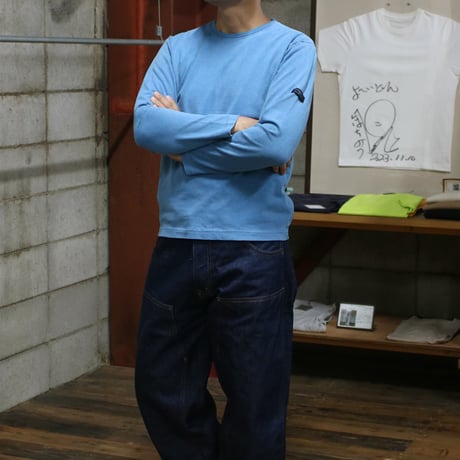 HOFI-023R-SW オーガニック超長綿 タック襟長袖Ｔシャツ ストーンウォッシュ加工：スカイブルー
