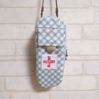 【送料無料】ひょっこりエピペンポーチ１本両開きタイプ　くすみブルー• チェリーとクロスチェック 柄ラミネート生地【No.20260716】