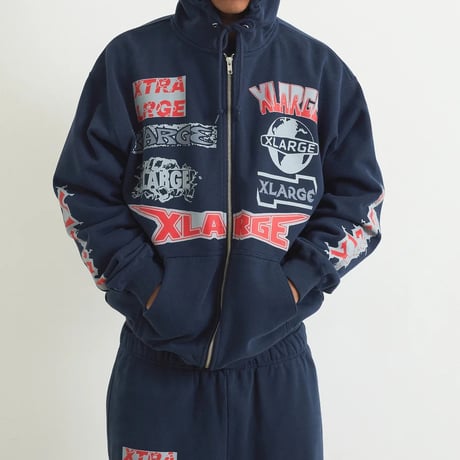 XLARGE | MULTI LOGO ZIP HOODED SWEATSHIRT(NAVY)