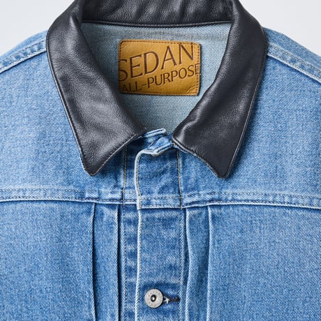 SEDAN ALL-PURPOSE| Leather Collar Denim Jacket (Indigo)