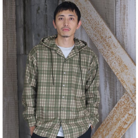 坩堝 (RUTSUBO) | SHADOW PLAID HOODED SHIRT JACKET(GREEN)