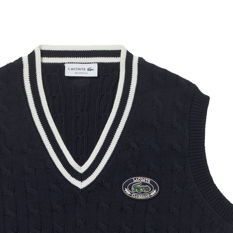 美品 CLUBHAUS クラブハウス フェイクレイヤード ニット ベスト 4 Lacoste × CLUBHAUS Cable Knit Vest - Navy | CLU
