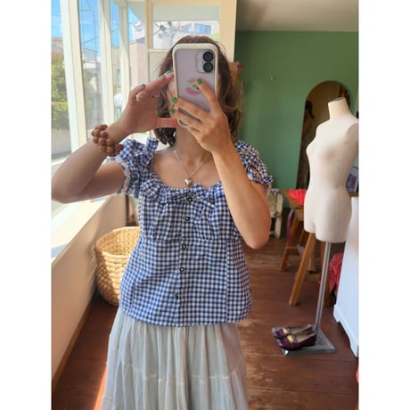 gingham check puff sleeve blouse