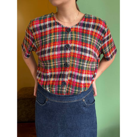 check pattern s/s knit tops