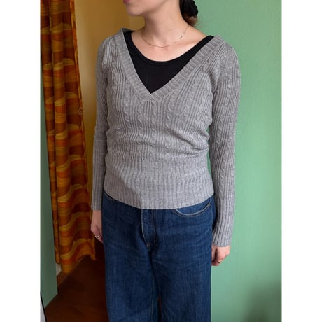 gray cable v neck sweater