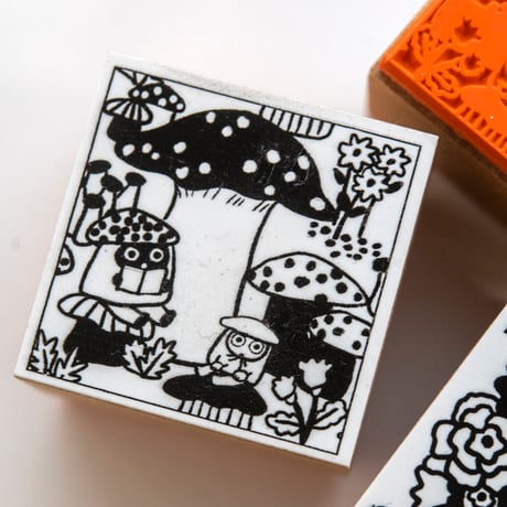 square stamp | Yumi kitagishi　Mushrooms and a Mysterious Child