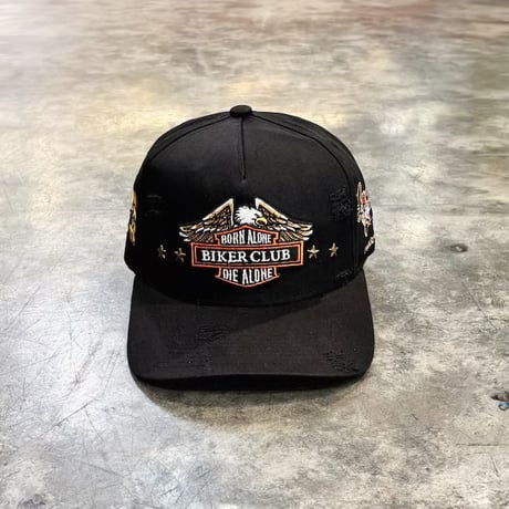 USA買付　FIELD GRADE BORN ALONE BIKER CLUB DISTRESSED SNAPBACK CAP / BLACK　US-105