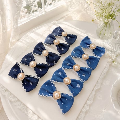 パールデニムリボン🎀ストレッチチョーカー／10本
