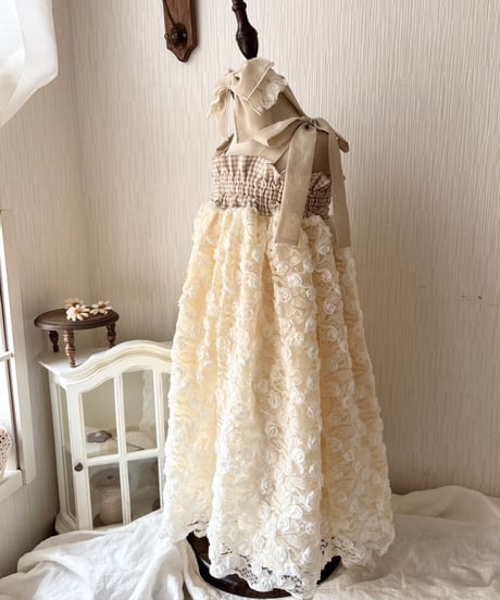 shirring plaid diamond rose tulle dress《vanilla》