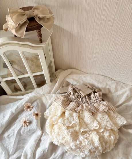 shirring plaid diamond rose tulle rompers dress《vanilla》