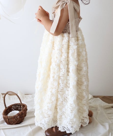 shirring plaid diamond rose tulle dress《vanilla》