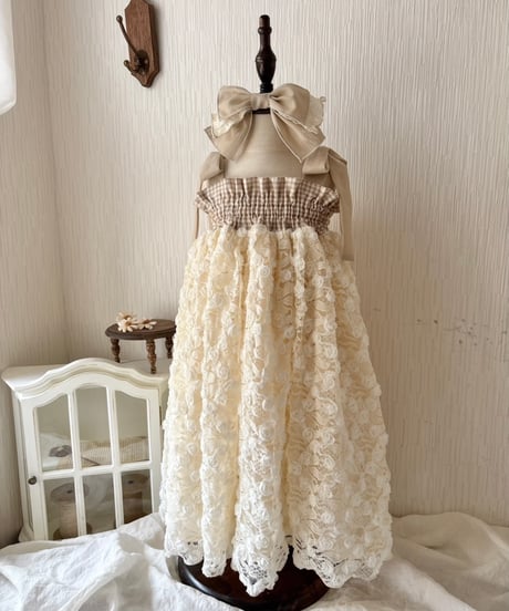 shirring plaid diamond rose tulle dress《vanilla》