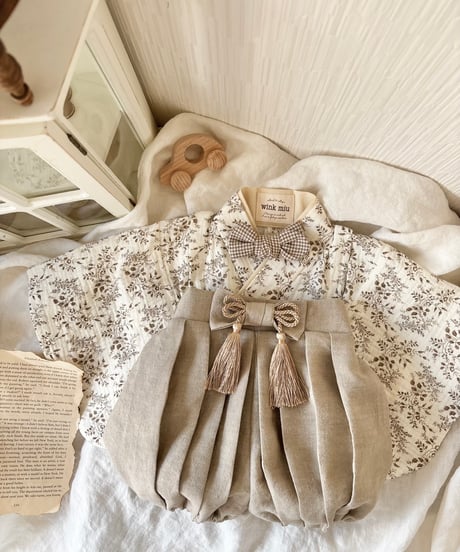 retro baby hakama waist ribbon《leaf coffee×greige》