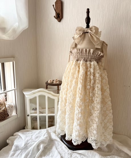 shirring plaid diamond rose tulle dress《vanilla》