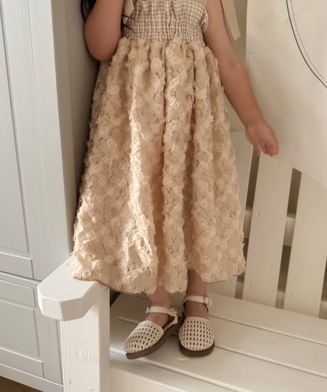 shirring plaid diamond rose tulle dress《cafe au lait》