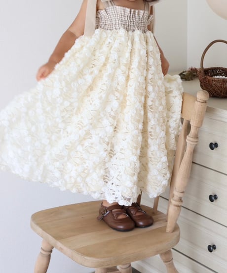 shirring plaid diamond rose tulle dress《vanilla》