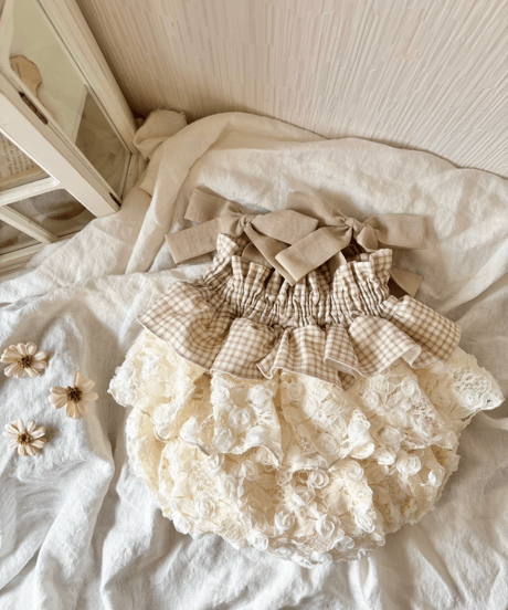shirring plaid diamond rose tulle rompers dress《vanilla》