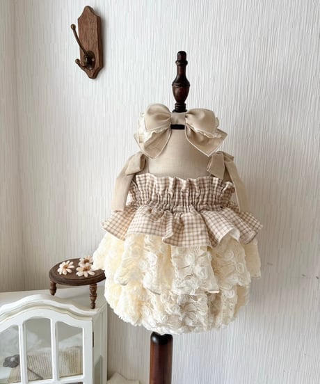 shirring plaid diamond rose tulle rompers dress《vanilla》