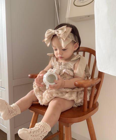 shirring plaid diamond rose tulle rompers dress《cafe au lait》