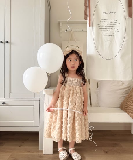 shirring plaid diamond rose tulle dress《cafe au lait》