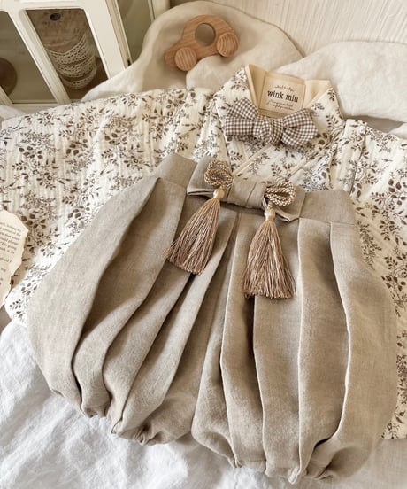 retro baby hakama waist ribbon《leaf coffee×greige》