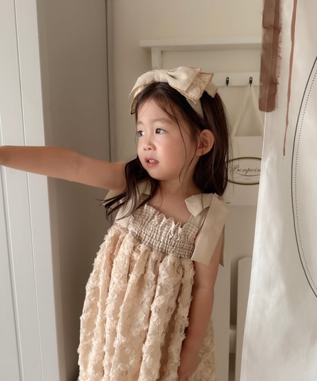 shirring plaid diamond rose tulle dress《cafe au lait》