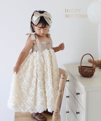 shirring plaid diamond rose tulle dress《vanilla》