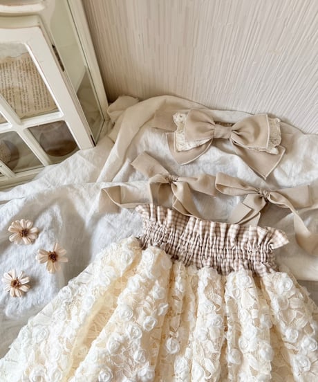 shirring plaid diamond rose tulle dress《vanilla》