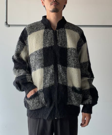 Mohair block check knit blouson