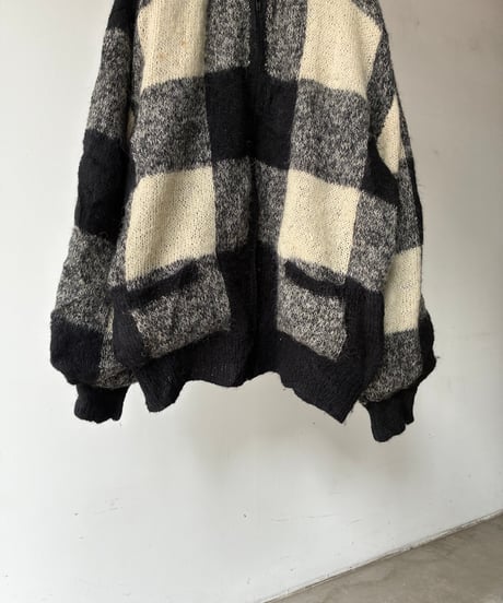 Mohair block check knit blouson