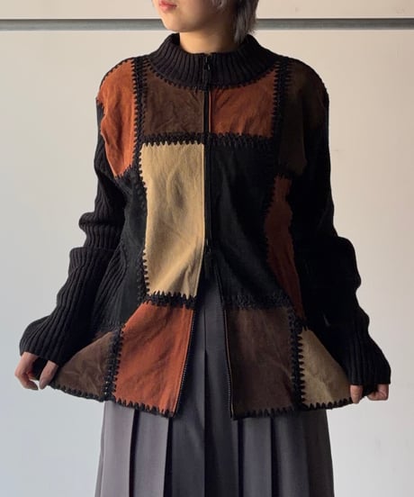Suede Switching high neck knit jacket
