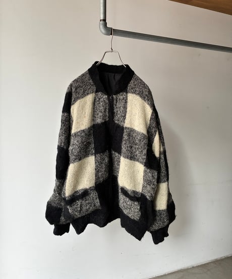 Mohair block check knit blouson