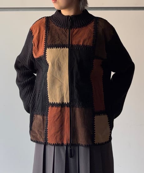 Suede Switching high neck knit jacket