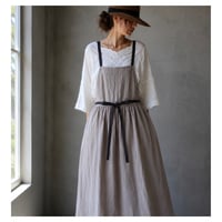 ふっくら厚さ2倍のとろみダブルガーゼとコットンリネンのリボンのギャザーたっぷりバイカラーエプロン／ベージュ