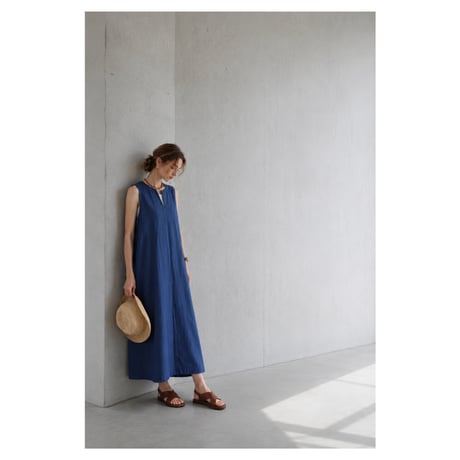 岡山児島デニムジャンパースカート／8オンスソフトデニムワンピース／スラッシュネック／ブルー／linum jean