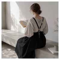 そのままお出かけリネンギャザーエプロン／コットンリネンエプロン／お洒落エプロン／ブラック