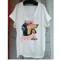 【大きいサイズ】イタリアインポートTシャツ　Vネックハートサングラス犬