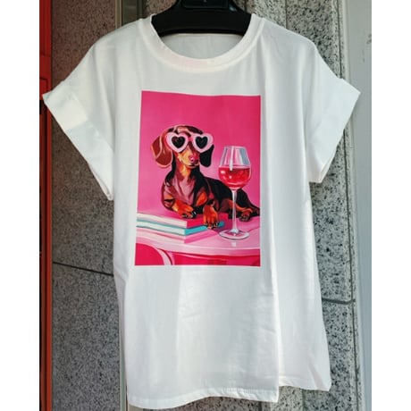 【XS〜Mサイズ】イタリアインポートTシャツ　サングラス犬ピンク
